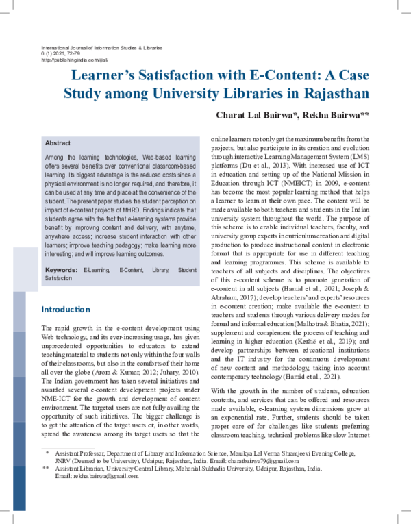 (PDF) Learner's Satisfaction with E-Content: A Case Study among ...