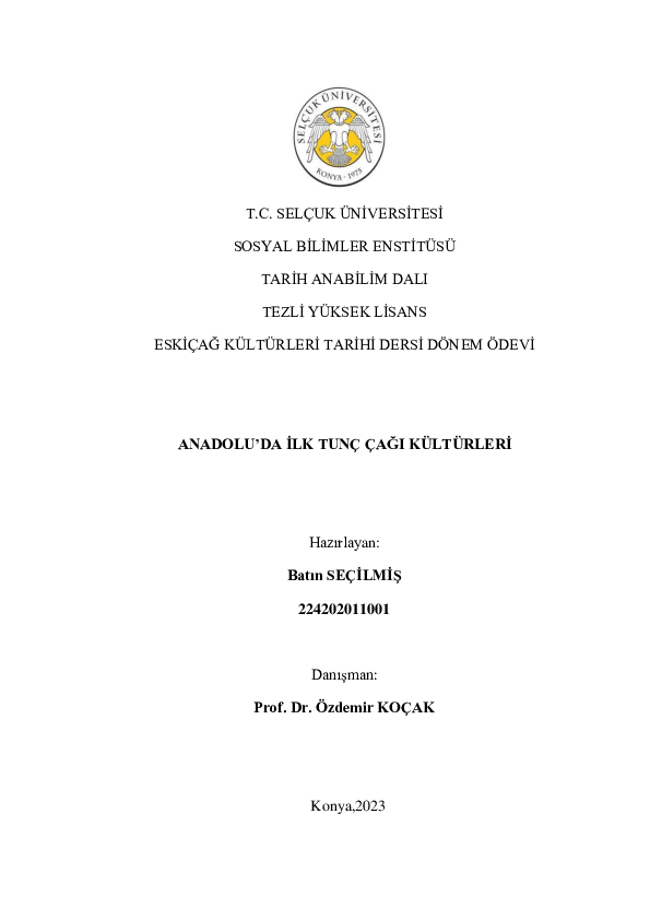 (PDF) Anadolu'da İlk Tunç Çağı Kültürü