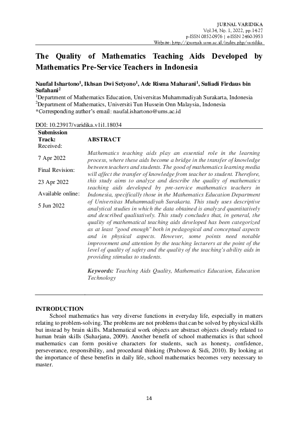 (PDF) The Quality of Mathematics Teaching Aids Developed by Mathematics ...