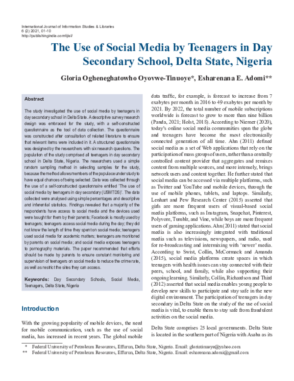 (PDF) The Use of Social Media by Teenagers in Day Secondary School ...