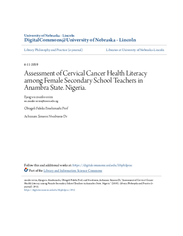 (PDF) Assessment of Cervical Cancer Health Literacy among Female ...