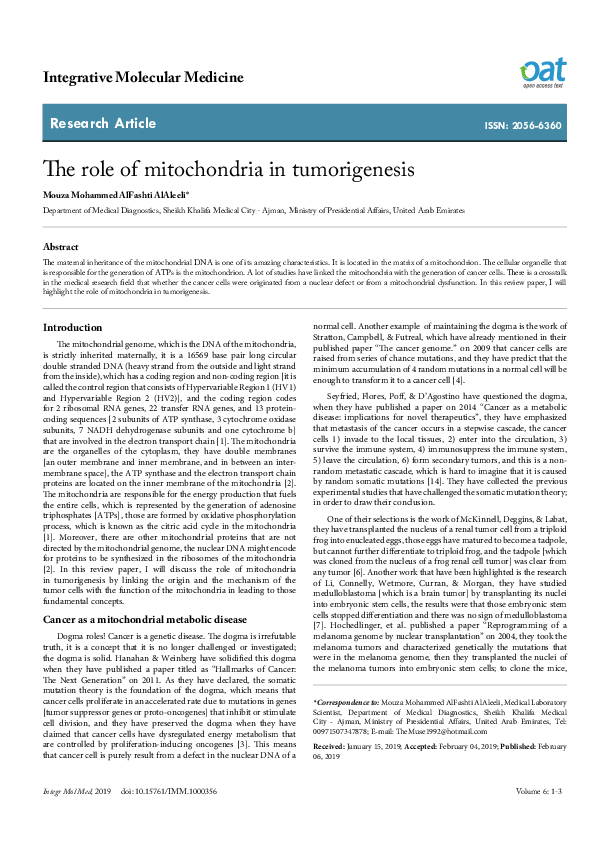 (PDF) The role of mitochondria in tumorigenesis