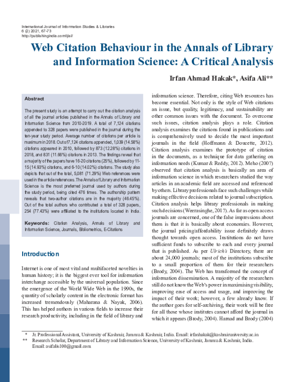 (PDF) Web Citation Behaviour in the Annals of Library and Information ...