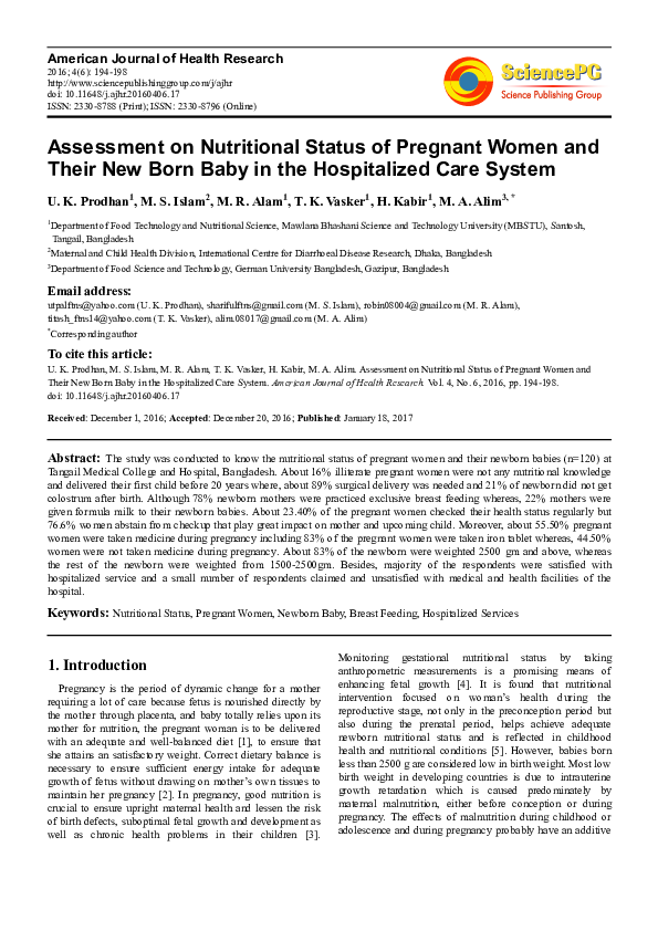 (PDF) Assessment on Nutritional Status of Pregnant Women and Their New ...