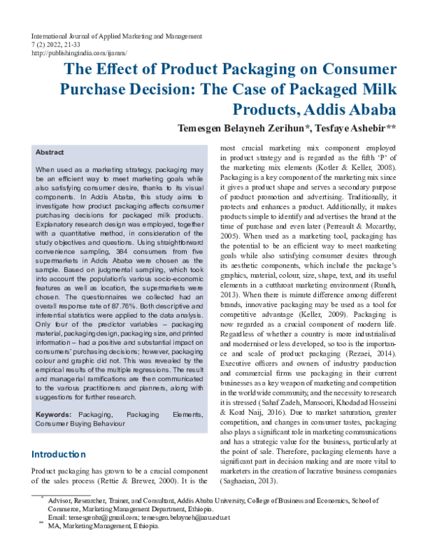 (PDF) The Effect of Product Packaging on Consumer Purchase Decision The Case of Packaged Milk