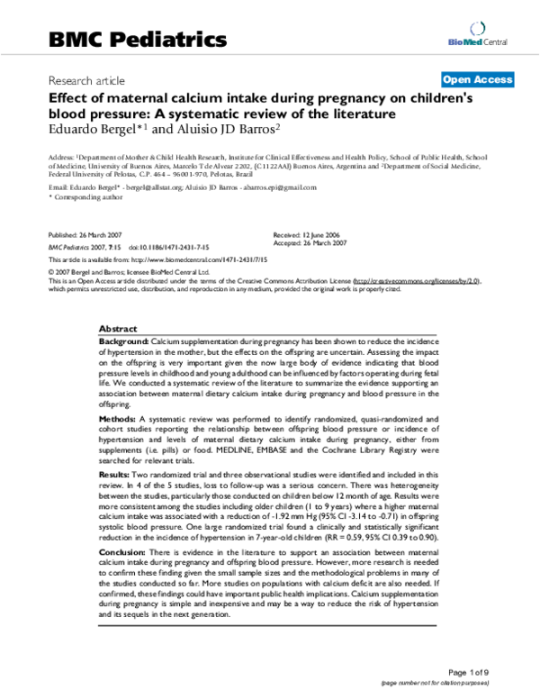 (PDF) Effect of maternal calcium intake during pregnancy on children's ...
