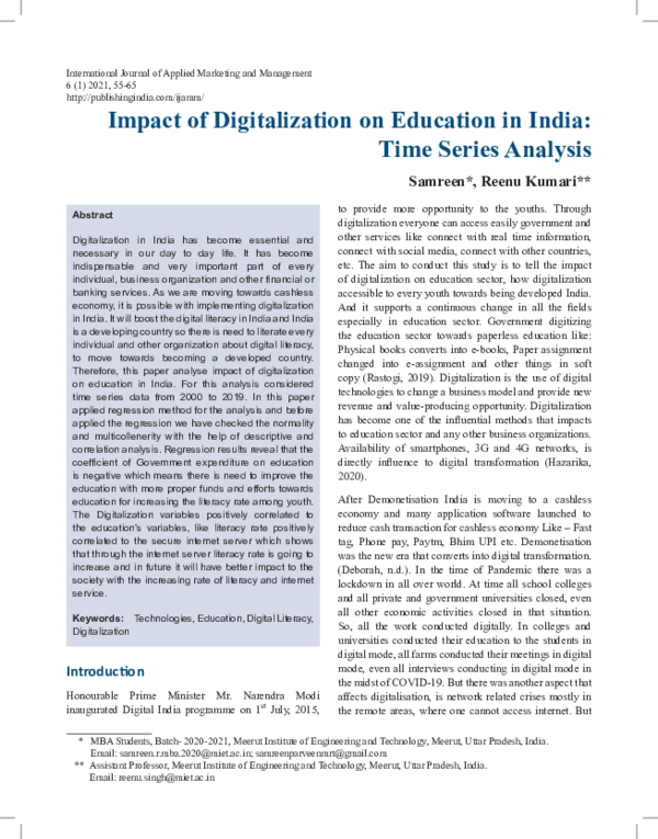 (PDF) Impact of Digitalization on Education in India: Time Series Analysis