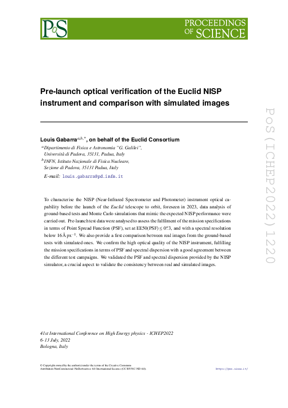 (PDF) Pre-launch optical verification of the Euclid NISP instrument and ...