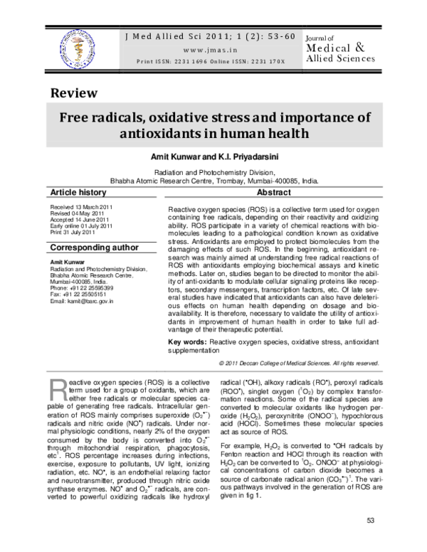 (PDF) Free radicals, oxidative stress and importance of antioxidants in ...