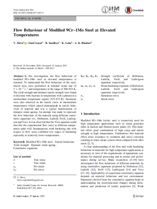 (PDF) Flow Behaviour of Modified 9Cr–1Mo Steel at Elevated Temperatures
