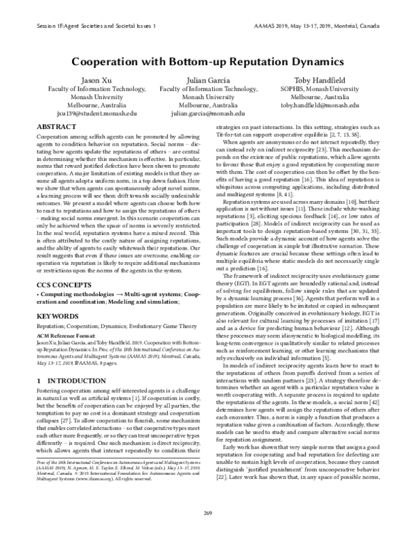 (PDF) Cooperation with Bottom-up Reputation Dynamics