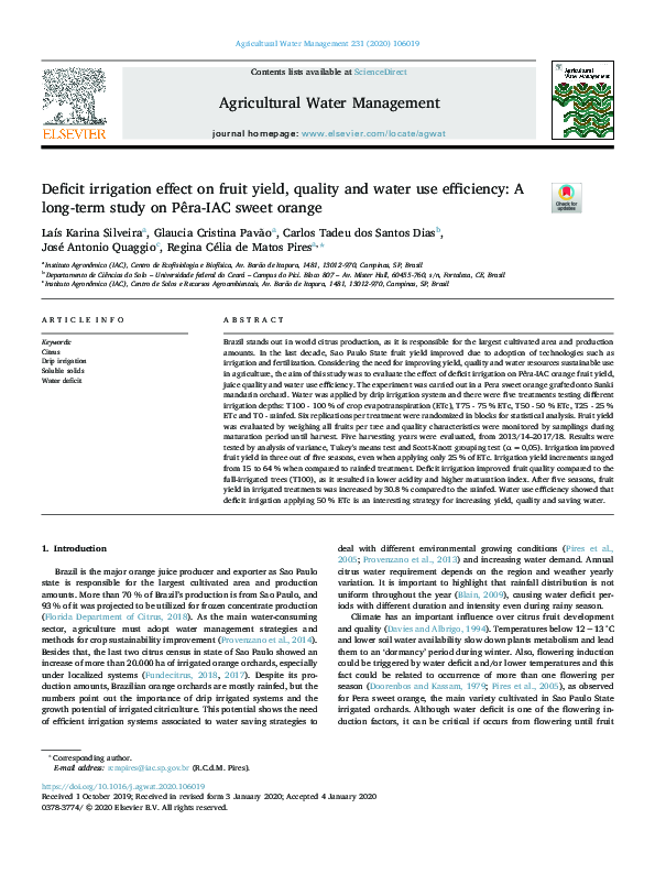 (PDF) Deficit irrigation effect on fruit yield, quality and water use ...