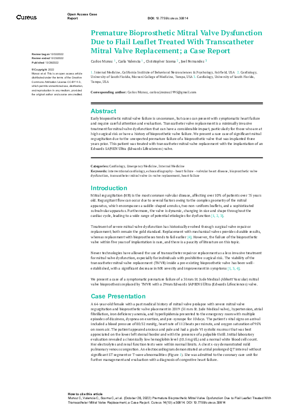 (PDF) Premature Bioprosthetic Mitral Valve Dysfunction Due to Flail ...