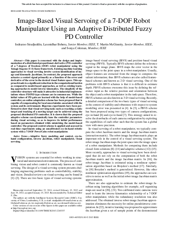 (PDF) Image-Based Visual Servoing of a 7-DOF Robot Manipulator Using an ...