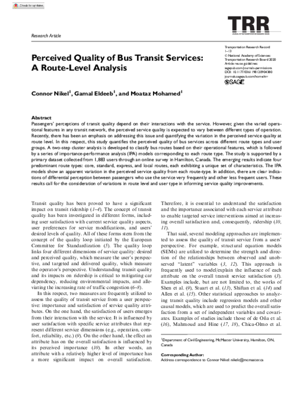 (PDF) Perceived Quality of Bus Transit Services: A Route-Level Analysis
