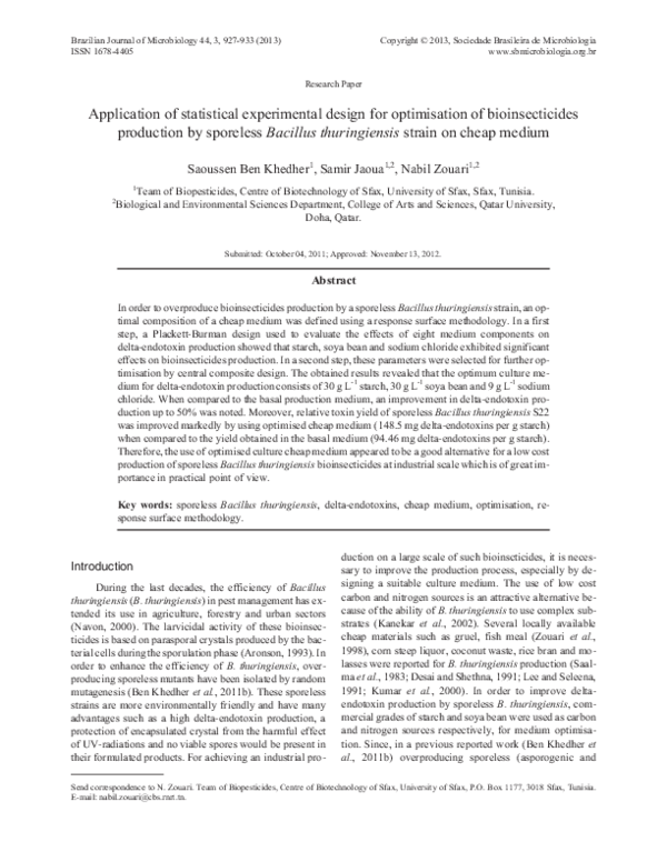 (PDF) Application of statistical experimental design for optimisation ...