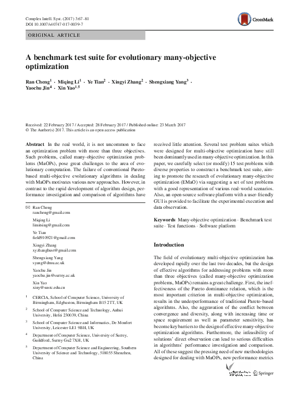 (PDF) A benchmark test suite for evolutionary many-objective optimization