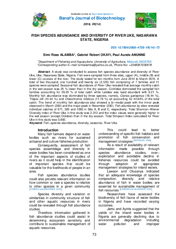 (PDF) Fish Species Abundance and Diversity of River Uke, Nasarawa State ...
