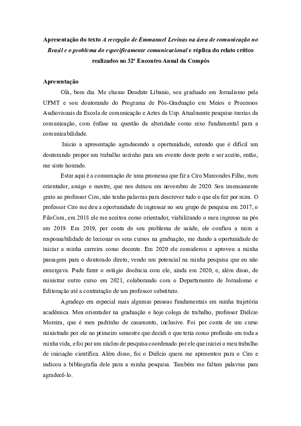 (PDF) Apresentação do texto A recepção de Emmanuel Levinas na área de ...