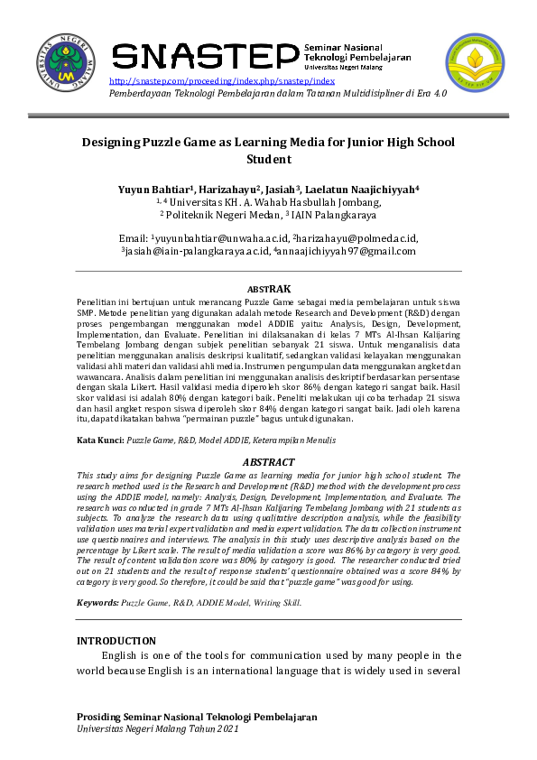 (PDF) Designing Puzzle Game as Learning Media for Junior High School ...