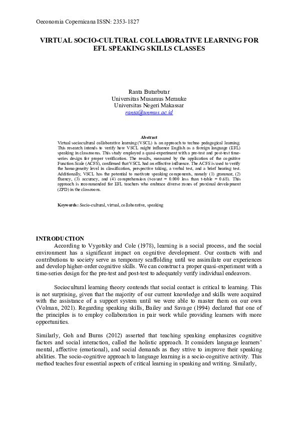 (DOC) VIRTUAL SOCIO-CULTURAL COLLABORATIVE LEARNING FOR EFL SPEAKING ...