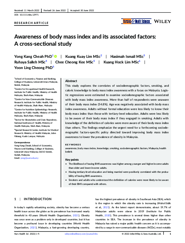 (PDF) Awareness of body mass index and its associated factors: A cross ...