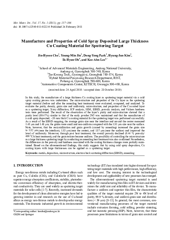 (PDF) Manufacture and properties of cold spray deposited large ...