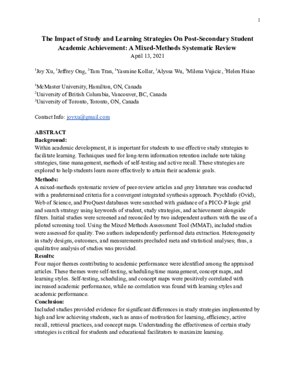 (PDF) The Impact of Study and Learning Strategies On Post-Secondary ...