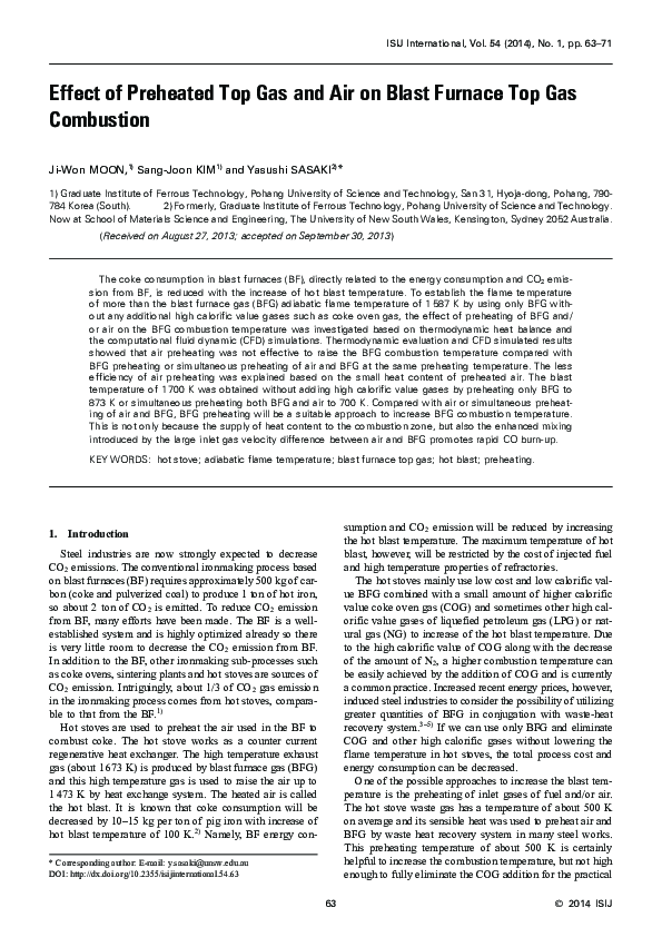 (PDF) Effect of Preheated Top Gas and Air on Blast Furnace Top Gas ...