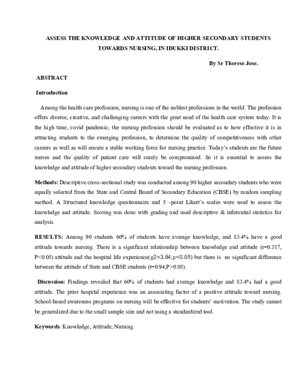 (DOC) ASSESS THE KNOWLEDGE AND ATTITUDE OF HIGHER SECONDARY STUDENTS ...