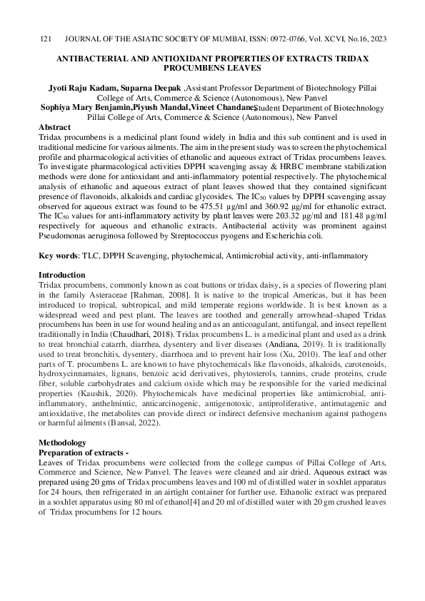 (PDF) ANTIBACTERIAL AND ANTIOXIDANT PROPERTIES OF EXTRACTS TRIDAX ...
