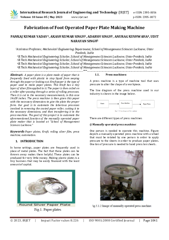 (PDF) Fabrication of Foot Operated Paper Plate Making Machine