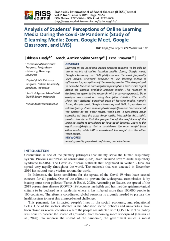 (PDF) Analysis of Students’ Perceptions of Online Learning Media During ...