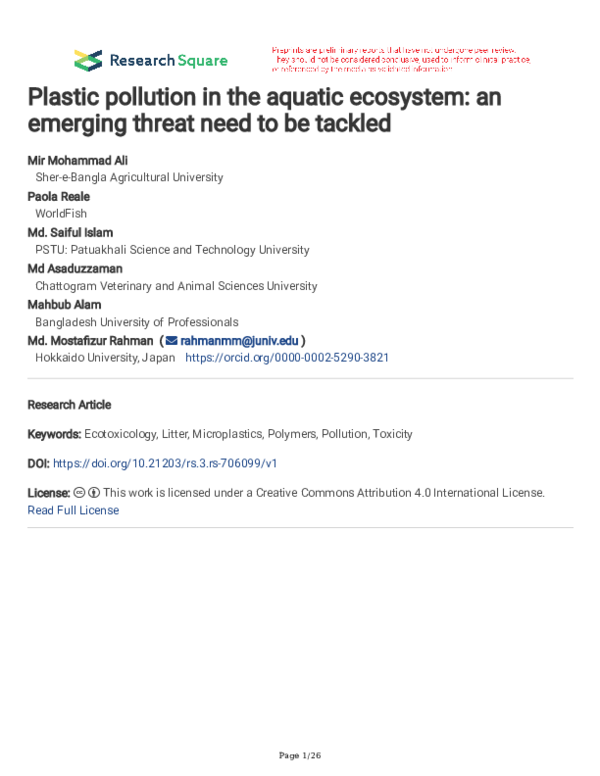 (PDF) Plastic pollution in the aquatic ecosystem: an emerging threat ...