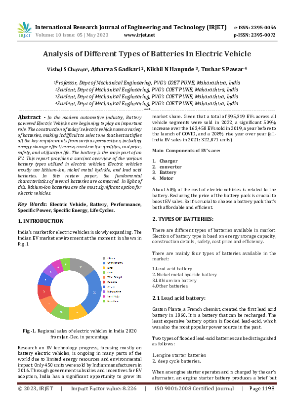 (PDF) Analysis of Different Types of Batteries In Electric Vehicle