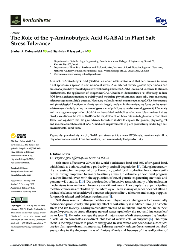 (PDF) The Role of the γ-Aminobutyric Acid (GABA) in Plant Salt Stress ...