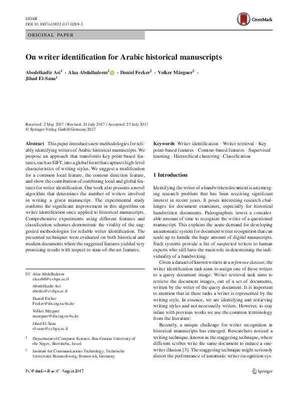 (PDF) On writer identification for Arabic historical manuscripts
