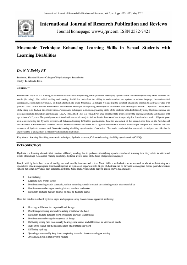 (PDF) Mnemonic Technique Enhancing Learning Skills in School Students ...