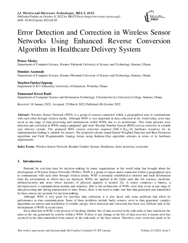 (PDF) Error Detection and Correction in Wireless Sensor Networks Using ...