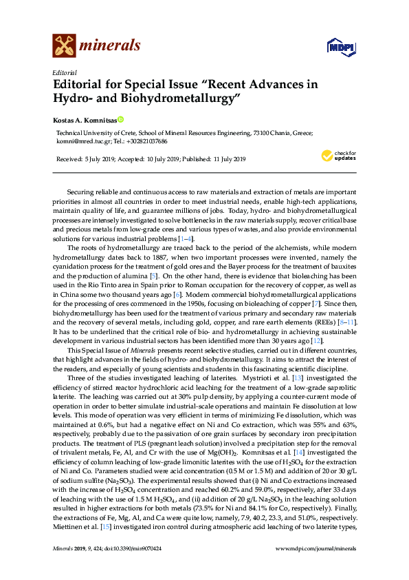 (PDF) Editorial for Special Issue “Recent Advances in Hydro- and ...
