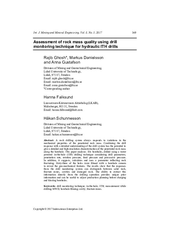 (PDF) Assessment of rock mass quality using drill monitoring technique ...