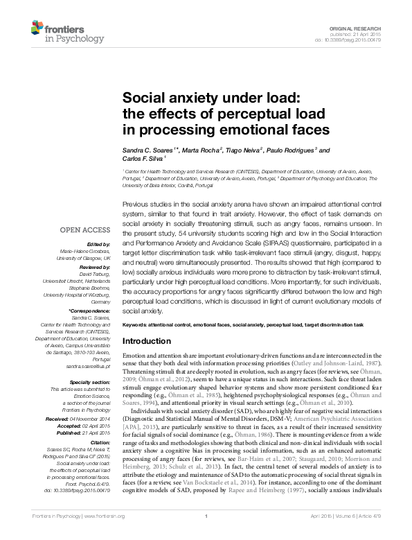 (PDF) Social anxiety under load: the effects of perceptual load in ...