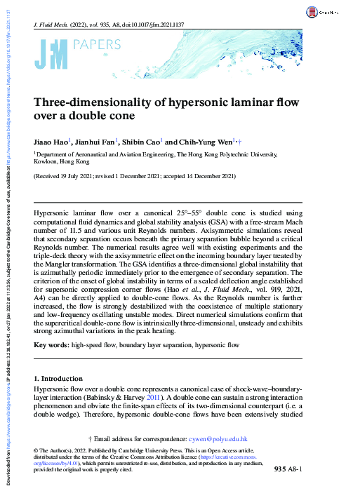 (PDF) Three-dimensionality of hypersonic laminar flow over a double cone