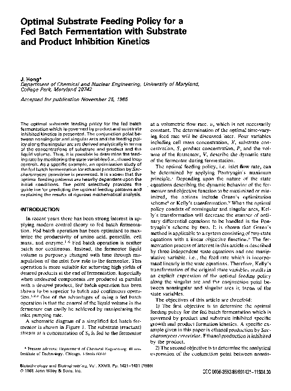 (PDF) Optimal substrate feeding policy for a fed batch fermentation ...