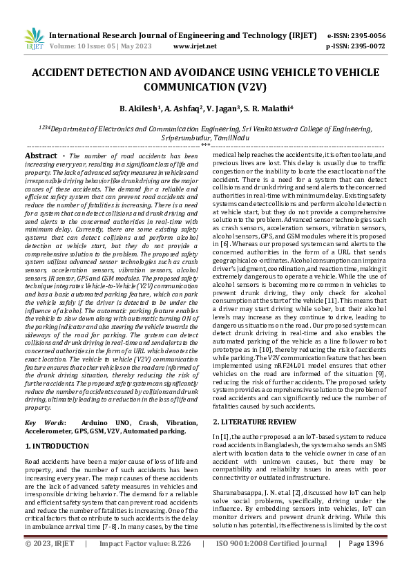 (PDF) ACCIDENT DETECTION AND AVOIDANCE USING VEHICLE TO VEHICLE ...