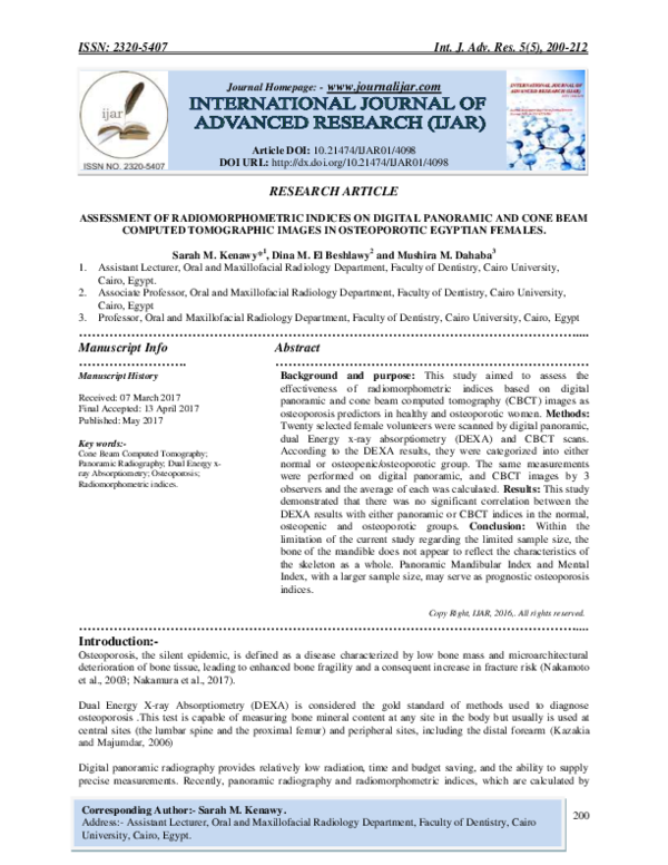 (PDF) Assessment of Radiomorphometric Indices on Digital Panoramic and ...