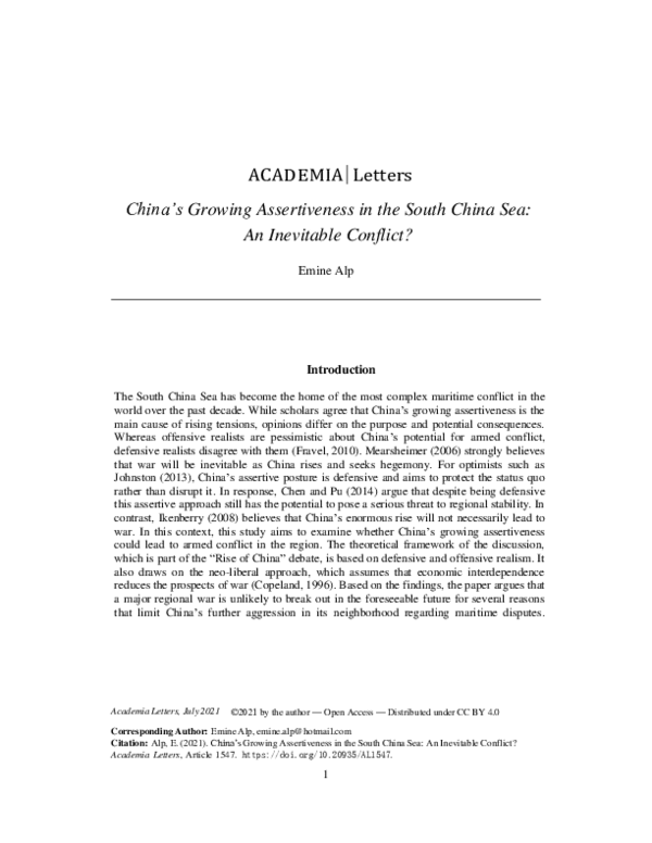 (PDF) China’s Growing Assertiveness in the South China Sea: An ...