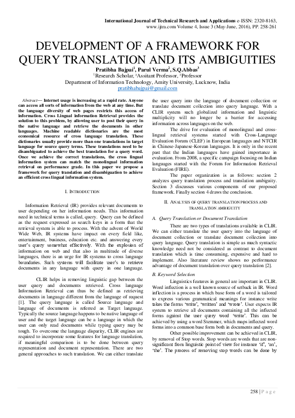 (PDF) Development of a Framework for Query Translation and Its Ambiguities