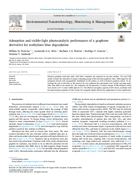 (PDF) Adsorption and visible-light photocatalytic performance of a ...