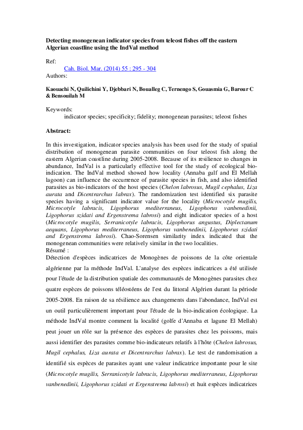 (PDF) Detecting monogenean indicator species from teleost fishes off the eastern Algerian